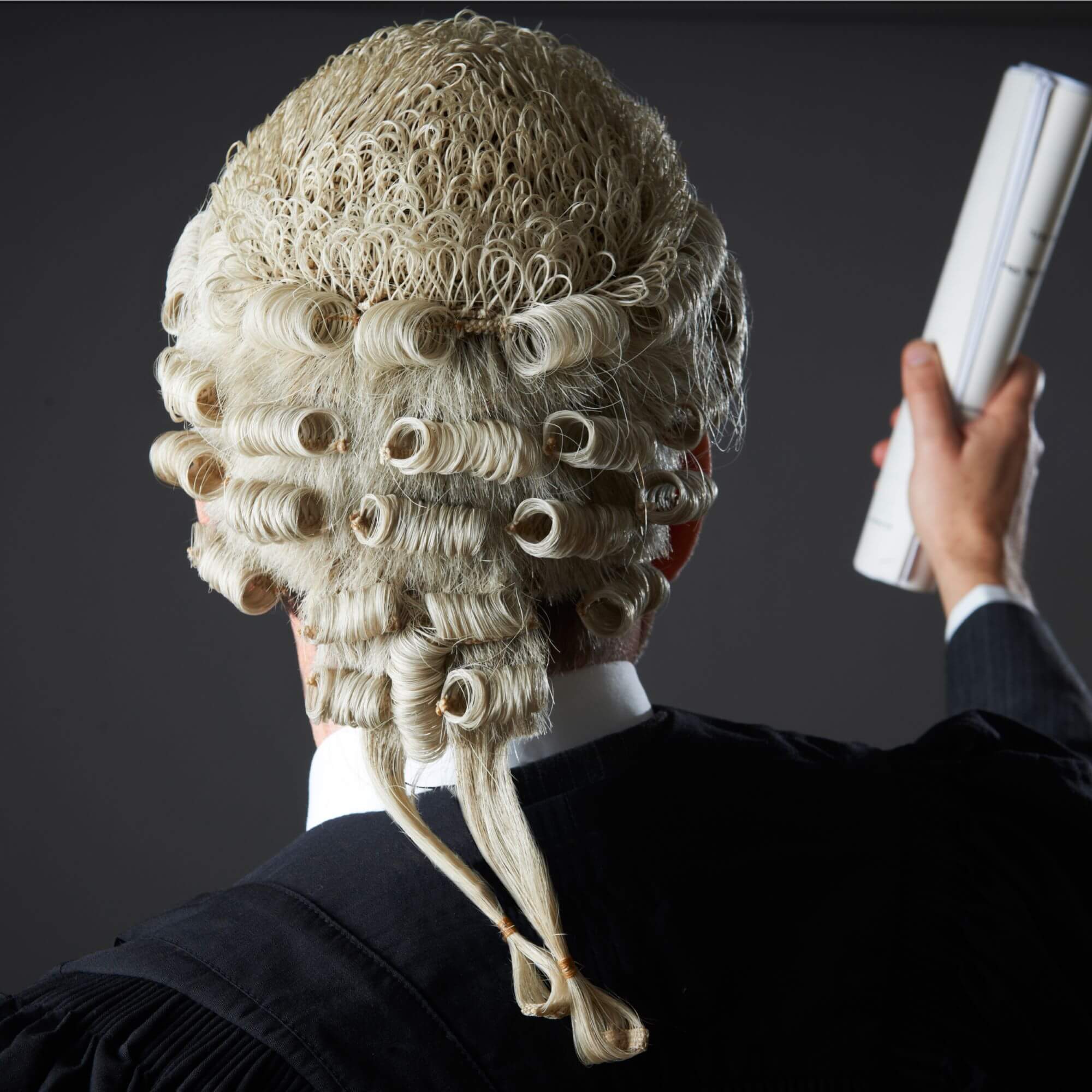 The back of a barrister's head.
